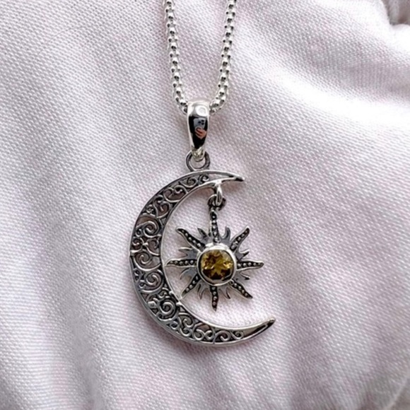 Genuine Citrine .925 Sterling Silver Moon Necklace - Picture 3 of 17